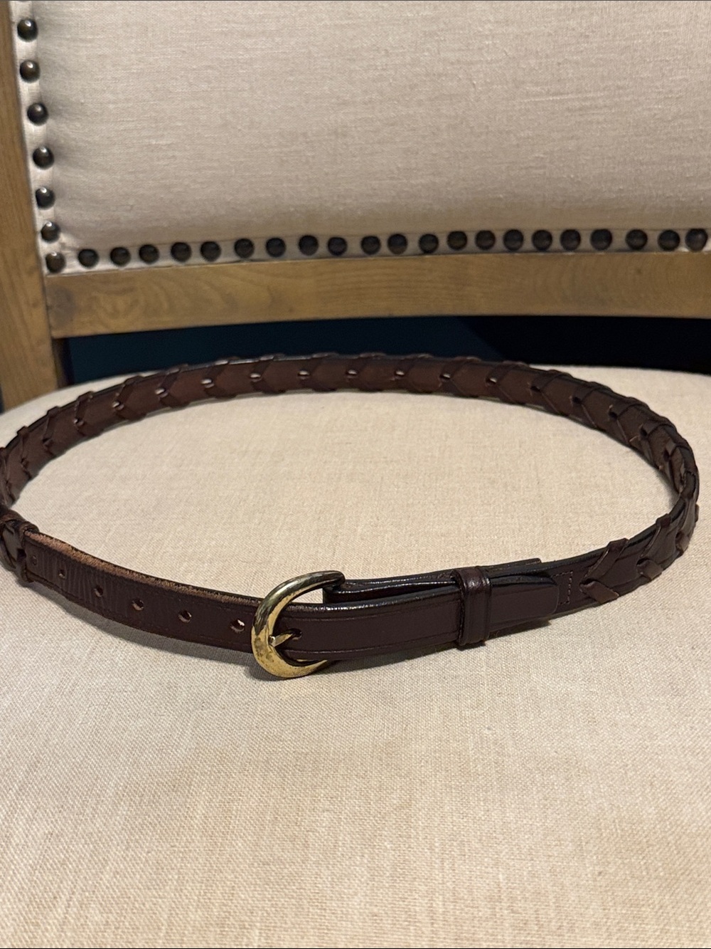 English Braided Leather Belt in Dark Brown with Brass Buckle Size 32
